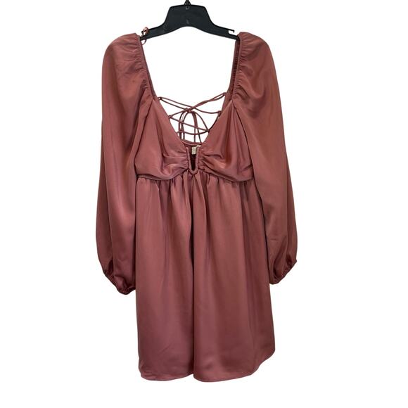 The Post Satin Long Sleeve Mini Dress Lace-Up Back Coquette Pink Party L - Picture 2 of 11